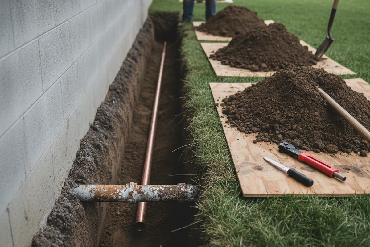 Excavated water line trench during Water Softener Installation in Skyforest
